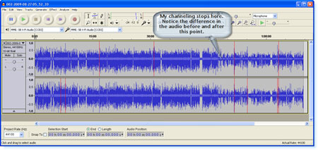 A screen shot of my recording shows larger and denser audio bands while I am channeling.